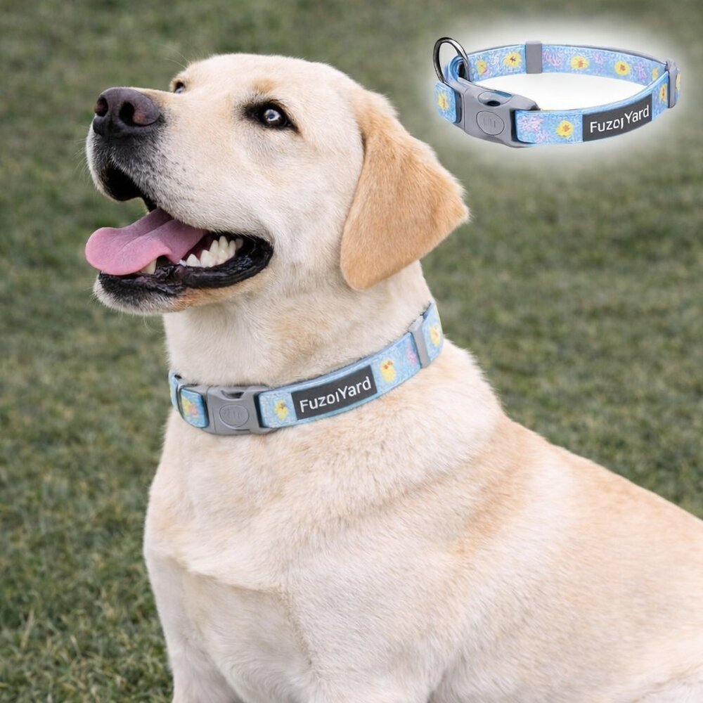 FUZZYARD DOG COLLAR EASTER Large Chicks Eggs Blue Pink Polka Dot Neoprene